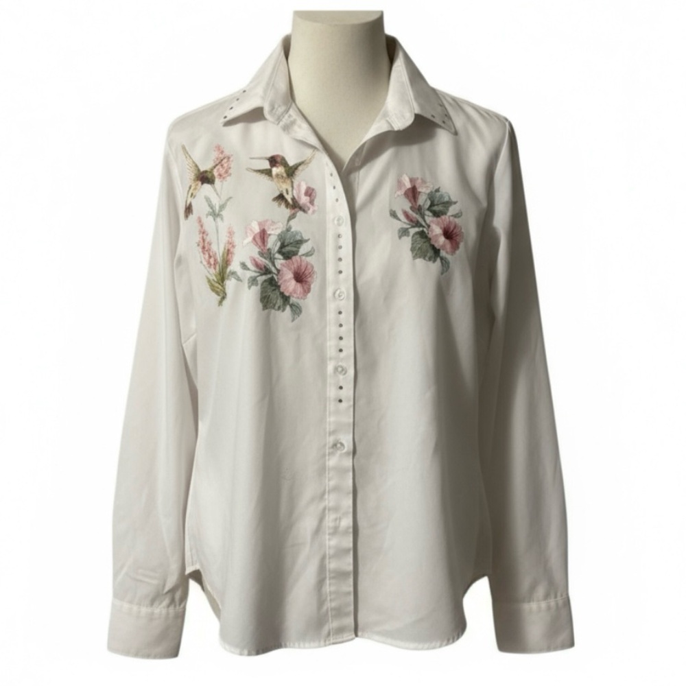 Apache Floral Hummingbird White Button-Up Shirt L